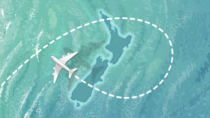  airplane flying on New zealand Map Travel visit discover New zealand 8K illustration.j