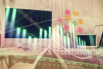 Double exposure of financial graph drawing and office interior background. Concept of stock market.