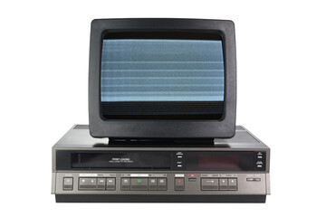 Old black vintage TV with noise and interference on the screen on an old VCR from the 1980s, 1990s, 2000s, isolated on white background.