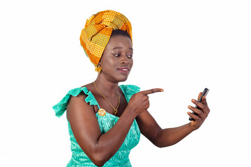 beautiful young woman pointing finger on cellphone.