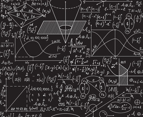 Math educational vector seamless pattern with handwritten algebra calculations, geometry figures and equations, 
