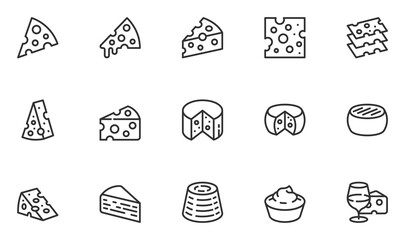 Set of Vector Line Icons Related to Cheese. Parmesan, Mozzarella, Dutch, Ricotta, Blue Chees, Cream Cheese. Editable Stroke. 48x48 Pixel Perfect. - obrazy, fototapety, plakaty