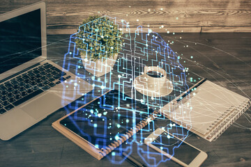 Double exposure of brain theme drawing and cell phone background. Concept of information