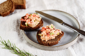 Homemade French dish rilette or pate. Two toasts salmon rillettes (pate) on rye bread on plate over beige linen tablecloth. Selective focus