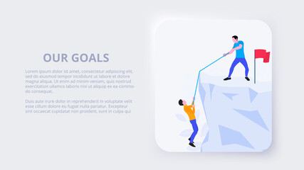 Neumorphism teamwork concept with people, mountain and flag. Flat vector illustration. Landing page template for web