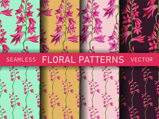 Set of 8 seamless vector floral patterns. Collection of flowers patterns. For design, fabric, textile, wrapping, cover, background etc. Botanical floral motif. 