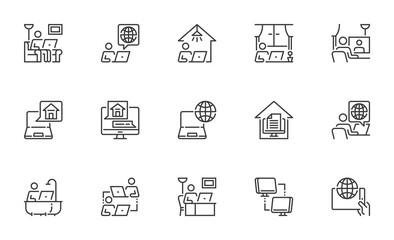 Set of Vector Line Icons Related to Work from Home. Freelancer with Laptop Sitting on the Couch. Editable Stroke. 64x64 Pixel Perfect.