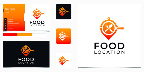 Modern food location logo and business card, dinner, lunch, place, map, pin