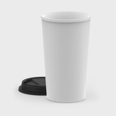 3D Illustration, 3D rendering White paper coffee cup medium size with black lid isolated on white background. Front perspective view. Packaging template mockup collection.