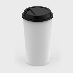 3D Illustration, 3D rendering White paper coffee cup medium size with black lid isolated on white background. Front perspective view. Packaging template mockup collection.