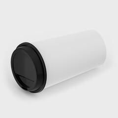 3D Illustration, 3D rendering White paper coffee cup medium size with black lid isolated on white background. Front perspective view. Packaging template mockup collection.
