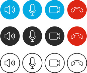 Fototapeta premium Set of Video call icons. Video conference. Collections buttons of on-line video chat app, internet talk, call technology. Web app ui display template. Videoconferencing and online meeting workspace