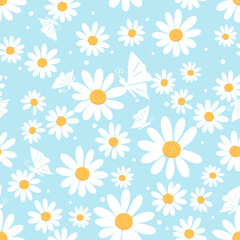 Seamless pattern with daisies on blue background vector illustration.