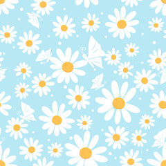 Obraz premium Seamless pattern with daisies on blue background vector illustration.