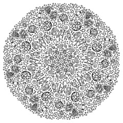 mandala lined doodle valentine love shell star sweet donut candy coloring book page black and white background