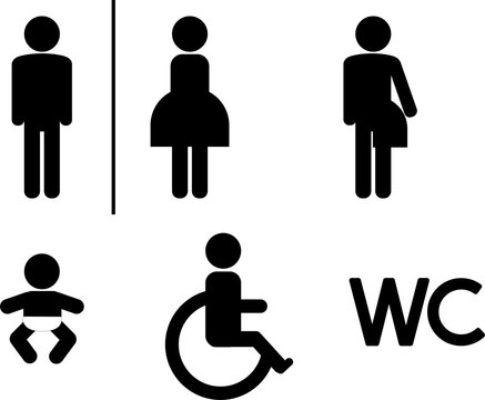 Set of WC sign Icon Vector Illustration on the white background. Vector man and woman icons. Funny and unisex toilet symbol