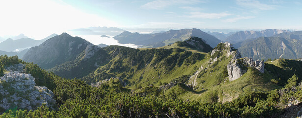 Wendelstein Mountain and Green hiking landscapes in the Bavarian Alps of South Germany.