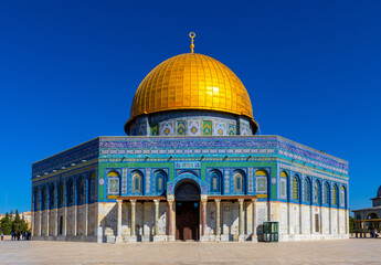 Facade and main entrance of Dome of the Rock Islamic monument shrine on Temple Mount of Jerusalem Old City, Israel