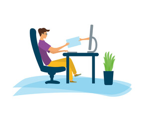 A man is sitting at the computer. A hand comes out of the monitor. Distance learning or online school. Video conference