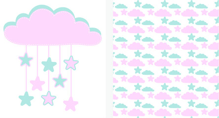 Flat vector illustration of Seamless cute with cloud and stars. cute cloud