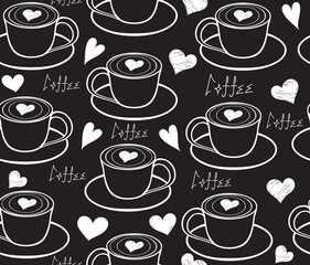 Beverage vector seamless pattern with hand drawn cups, hearts and the words "Coffee"