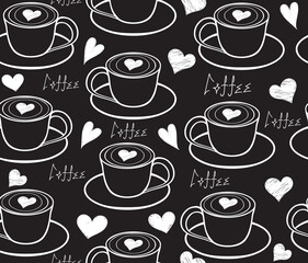 Beverage vector seamless pattern with hand drawn cups, hearts and the words 