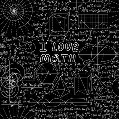 Educational vector seamless pattern with handwritten words "I love math", mathematical tasks and formulas