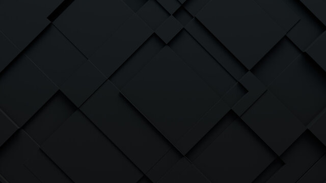 Dark tech background, with a geometric 3D structure. Clean, minimal design with simple black futuristic forms. 3D render