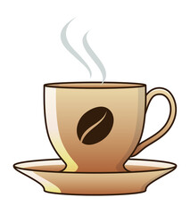 Light brown coffee cup on dish with hot drink in it. Dark brown coffee bean logotype print on the mug. Small cute cup design for cafe or restaurant logo. Cartoon style illustration.