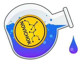 Chemical glass flask with dripping drops of poison liquids. Yellow label with novichok indicated. Nerve agent and binary chemical weapon. Cartoon illustration.
