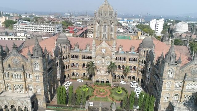 An aerial shot of Chhatrapati Shivaji Maharaj Terminus during the COVID-19 pandemic lockdown in Mumbai, India
