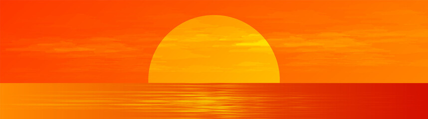 Panorama Beautiful Fullmoon on Sunrise Sea landscape background,sunshine and horizontal concept design.