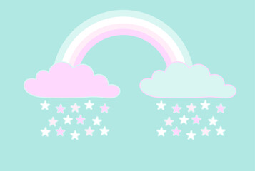 vector illustration of a cute rainbow with clouds. clouds in pastel colors with star rain