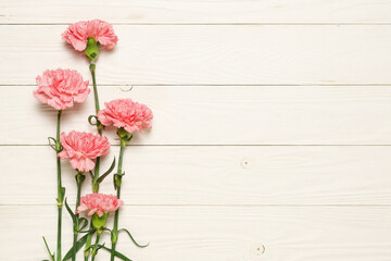 Naklejka na ściany i meble Pink carnation flowers on on white rustic wood.