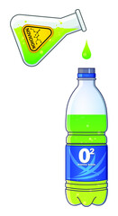 Green poisonous liquid dripping from a chemical glass flasks into plastic mineral water bottle. Label with Novichok indicated. Dangerous nerve agent and binary chemical weapon for murdering people.