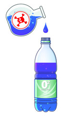 Blue hazardous liquid dripping from a round chemical glass flasks into mineral water bottle. White label with red skull and crossbones. Nerve agent and binary chemical weapon.