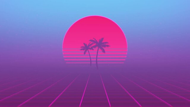Retro wave style background. Dynamic wireframe net or grid motion. Bright pink, blue, purple colors. Sun above horizon. Palm tree silhouettes in the center. Retro, vintage 80s, 90s vaporwave animation