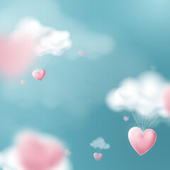 Valentines day with heart balloons flying and clouds. Vector illustration