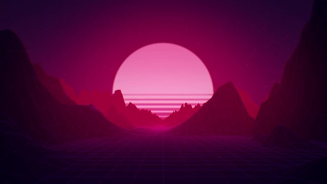 80s, 90s style dynamic background. Retro wave, synthwave digital landscape. Pink colored wireframe low poly grid or net. Mountain silhouettes, bright glowing sunset sun. Seamless loop 3D animation