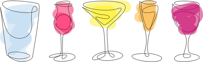 set of glasses for alcohol outline colorful continuous