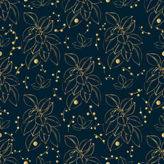 Gold seamless hand drawing. Floral background with golden leaves of ficus on a dark background. Baby texture