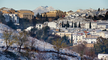 Ronda city with snow in winter, Malaga province. Spain