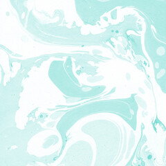 Aqua marble ink texture on watercolor paper background. Marble stone image. Bath bomb effect. Psychedelic biomorphic art.