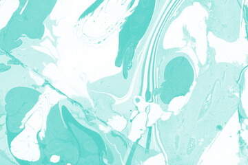 Aqua marble ink texture on watercolor paper background. Marble stone image. Bath bomb effect. Psychedelic biomorphic art.