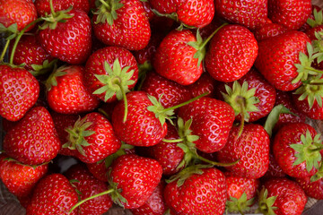 Strawberries in the glass bowl. Freshly picked strawberry. Organic sweet berries. Village garden harvest.
