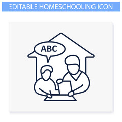 Language lesson line icon. Child learns words with dad. Home education concept. Distant remote teaching and homeschooling. Editable vector illustration