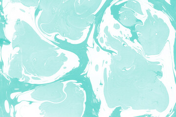 Aqua marble ink texture on watercolor paper background. Marble stone image. Bath bomb effect. Psychedelic biomorphic art.