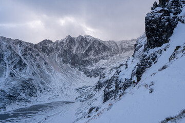 Winter and Snow at Black Pond or Czarny Staw at Rysy Peak in Poland. Panoramic winter landscape with frozen lake