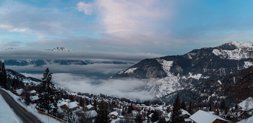 Fototapeta na wymiar Wide angle view of the swiss alps village of La Tzoumaz, Valais, Switzerland.