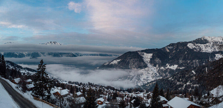 Wide angle view of the swiss alps village of La Tzoumaz, Valais, Switzerland.